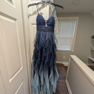 Sparkling Navy to Ice Blue Ombre Prom Dress with Spaghetti Straps